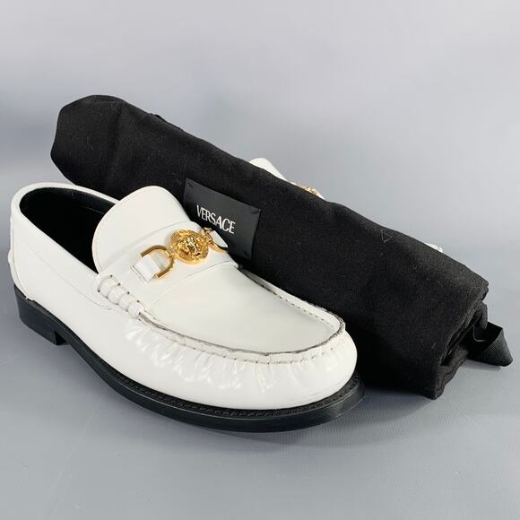 VERSACE Size 9 White Gold Leather Logo Moccasin Flats - Picture 10 of 10